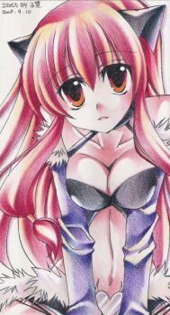 1girl 2000s_(style) animal_ears black_shorts black_tank_top breasts breasts_squeezed_together brown_eyes cat_ears cat_girl clothing_cutout commentary dated detached_sleeves english_commentary fur-trimmed_sleeves fur_trim izumishibo leaning_forward long_hair looking_at_viewer medium_breasts navel pink_hair purple_sleeves ragnarok_online shorts solo stalker_(ragnarok_online) stomach_cutout tank_top traditional_media upper_body