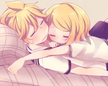 1boy 1girl annoyed aoi_choko_(aoichoco) blonde_hair blush brother_and_sister cramped kagamine_len kagamine_rin lying lying_on_person on_back on_stomach ponytail print_sailor_collar shirt short_hair short_ponytail shorts siblings sleeping sleeping_on_person squishing sweat sweatdrop t-shirt twins vocaloid