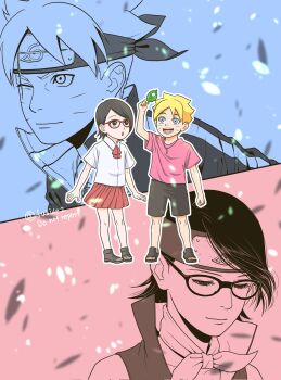 1boy 1girl 2boys 2girls aged_down ascot bandana bandana_around_neck black_eyes black_hair black_shorts blonde_hair blue_eyes boruto:_naruto_next_generations commentary_request dual_persona eyelashes facial_mark forehead_protector glasses half-closed_eyes headband highres holding holding_leaf jacket leaf looking_down matsu_(fu6ide2) miniskirt multiple_boys multiple_girls naruto_(series) one_eye_closed open-toe_shoes red_ascot red_skirt scar scar_across_eye scar_on_face short_hair shorts skirt twitter_username uchiha_sarada uzumaki_boruto whisker_markings