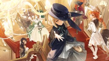 Rule 34 | 1girl, 5girls, :/, absurdres, aleph (reverse:1999), asymmetrical gloves, black cape, black dress, black hair, black hat, black pants, blue eyes, boater hat, boots, brown hair, cape, chandelier, clock print, commentary, covered face, covering own mouth, dress, english commentary, feather hair ornament, feathers, from above, gloves, green eyes, green hat, grey eyes, grey hair, hair bun, hair ornament, hand to own mouth, hand up, hat, hat ornament, highres, holding, holding staff, isolde (reverse:1999), isolde (the caged lamenter) (reverse:1999), kakania (reverse:1999), kakania (the emerald witch) (reverse:1999), knee boots, knee pads, long braid, looking at viewer, mismatched gloves, multiple girls, nell ro, official alternate costume, orange hair, pants, rabbit hat ornament, red carpet, red gloves, red hair, reverse:1999, single side bun, sonetto (reverse:1999), sonetto (the steadfast heart) (reverse:1999), staff, stairs, standing, strapless, strapless dress, vertin (reverse:1999), vertin (the long-eared watchmaker) (reverse:1999), whispering, whispering in ear, white boots, white dress, white gloves, white mask, willow (reverse:1999), wing hair ornament, witch hat