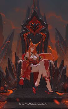 1girl animal_ear_fluff animal_ears anklet armpit_crease bare_legs bare_shoulders barefoot black_sandals breasts character_request cleavage collarbone commission copyright_request criss-cross_halter crossed_legs detached_sleeves drid extreme_dangling eyelashes feet fox_ears fox_mask fox_tail full_body geta gold_trim hair_between_eyes halterneck highres impossible_clothes japan jewelry large_breasts lava legs long_hair looking_at_viewer mask obi obijime orange_hair parted_lips red_sandals rock sandals sash shadow sitting sitting_on_throne solo tail tassel toenails toes wide_sleeves