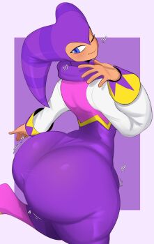 androgynous ass ass_focus blush bodysuit from_behind huge_ass jiggle looking_at_viewer looking_back nights_(character) nights_into_dreams one_eye_closed purple_eyes skin_tight solo thick_thighs thighs wink yamathegod