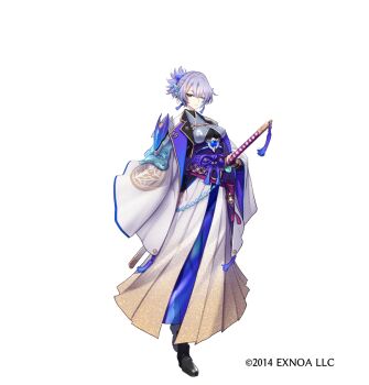 1girl black_shoes breasts closed_mouth commentary_request copyright_notice grey_eyes grey_hair highres holding holding_sword holding_weapon japanese_clothes katana one_eye_closed oshiro_project:re shoes short_hair solo sword tassel weapon white_background z-ton