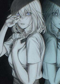 1girl 7nite absurdres bang_dream! bang_dream!_it&#039;s_mygo!!!!! breasts commentary crying crying_with_eyes_open english_commentary film_grain hair_between_eyes highres large_breasts misumi_uika open_mouth purple_eyes reflection shirt short_sleeves tears upper_body white_shirt wiping_tears