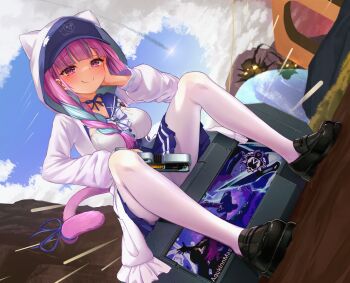 1girl apex_legends b3_wingman black_footwear blue_hair blue_ribbon blue_skirt box braid breasts cat_girl cat_tail cloud contrail energy_barrier energy_shield explosion gun hand_on_own_cheek hand_on_own_face head_tilt highres holding holding_gun holding_weapon hololive hood hood_up hooded_jacket in-universe_location jacket kings_canyon long_hair medium_breasts minato_aqua minato_aqua_(sailor) multicolored_hair neck_ribbon on_box pantyhose purple_eyes purple_hair ribbon side_braid sitting sitting_on_box skirt sky smile smug solo streaked_hair tail virtual_youtuber voidwalker_wraith weapon white_jacket white_pantyhose wraith_(apex_legends) wuming_xia