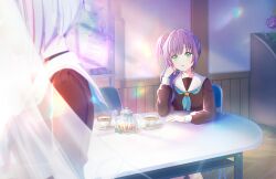 Rule 34 | 2girls, arm rest, arm support, black choker, blurry, blurry background, blurry foreground, board eraser, bob cut, chair, choker, clubroom, colored inner hair, cup, flower, folding chair, game cg, glass teapot, green eyes, grey hair, hair bun, hair flower, hair ornament, hand on own cheek, hand on own face, highres, inverted bob, lens flare, light bulb, light particles, link! like! love live!, lone nape hair, long hair, looking at another, love live!, magnet, multicolored hair, multiple girls, official art, on chair, otomune kozue, paper, purple hair, red flower, red hair, refrigerator magnet, saucer, short hair, side ponytail, sidelocks, single side bun, sitting, solo focus, streaked hair, table, tea, teacup, third-party source, virtual youtuber, whiteboard, yugiri tsuzuri