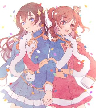 Rule 34 | 2girls, :d, aiguillette, aijo karen, arm at side, back-to-back, bad id, bad twitter id, badge, belt, belt buckle, blue eyes, blue jacket, blue skirt, blurry, blush, brown hair, buckle, buttons, closed mouth, confetti, cowboy shot, cross, crossed bangs, crown, depth of field, dot nose, epaulettes, fur-trimmed jacket, fur trim, highres, holding hands, jacket, jacket on shoulders, kagura hikari, long hair, long sleeves, looking at another, medium hair, mini crown, miniskirt, mr. white (revue starlight), multiple girls, open mouth, pleated skirt, red eyes, red jacket, red sash, red skirt, rococomm123, sash, shoujo kageki revue starlight, shoulder sash, sideways glance, simple background, single horizontal stripe, skirt, smile, sparkle hair ornament, star (symbol), striped clothes, striped skirt, stuffed animal, stuffed toy, swept bangs, tassel, teddy bear, tilted headwear, two side up, white background, yellow belt, yellow trim, yuri