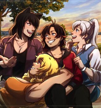 4girls ahoge animal_ears armpits arms_behind_head black_hair blake_belladonna blonde_hair blue_eyes breasts brown_hair cat_ears cat_girl cleavage commentary english_commentary grey_eyes grey_hair highres jewelry large_breasts long_hair lying multiple_girls naitourse necklace on_back open_mouth outdoors ponytail purple_eyes ruby_rose rwby scar scar_across_eye scar_on_face short_hair sideboob sitting smile tank_top teeth tongue tree watch weiss_schnee yang_xiao_long yellow_eyes