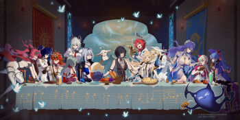 6+girls abby_(wuthering_waves) absurdres armlet augusta_(wuthering_waves) bare_shoulders beer_mug black_dress black_gloves black_horns blue_bra blue_hair blue_sash bow bra breasts cake cake_slice cantarella_(wuthering_waves) carlotta_(wuthering_waves) cartethyia_(wuthering_waves) cheek_poking ciaccona_(wuthering_waves) commentary cross-laced_clothes cross-laced_dress cup curled_horns dress drinking_glass english_commentary everyone female_rover_(wuthering_waves) food fruit galbrena_(wuthering_waves) gloves grey_hair hat headgear highres holding holding_cup holding_food holding_juice_box holding_popsicle horns ice_cream iuno_(wuthering_waves) jacket jewelry juice_box large_breasts laurel_crown lupa_(wuthering_waves) medium_breasts mug multiple_girls mumu_(mumu_arttt) open_mouth pero_(wuthering_waves) phoebe_(wuthering_waves) phrolova_(wuthering_waves) pineapple_on_pizza pink_bow pink_hair pink_jacket poking popsicle red_hair roccia_(wuthering_waves) rover_(wuthering_waves) sash shirt shrug_(clothing) skirt tacet_mark_(wuthering_waves) tree_horns twintails underwear white_dress white_hat white_shirt white_shrug white_skirt wuthering_waves zani_(wuthering_waves)