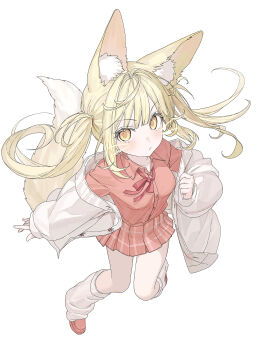 1girl animal_ear_fluff animal_ears blonde_hair blush brown_shoes buttons closed_mouth collared_shirt commentary fox_ears fox_girl fox_tail full_body highres jacket karyln long_hair long_sleeves looking_at_viewer neck_ribbon open_clothes open_jacket original red_ribbon red_shirt ribbon shirt shoes simple_background socks solo symbol-only_commentary tail twintails white_background white_jacket white_socks yellow_eyes