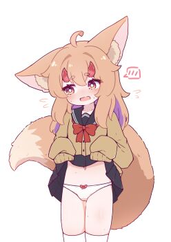 1girl ahoge animal_ear_fluff animal_ears black_skirt bow bow_panties brown_eyes cardigan clothes_lift commentary english_commentary fox_ears fox_girl fox_tail highres kurotofu lifting_own_clothes loli long_hair original panties school_uniform skirt skirt_lift solo tail thighhighs underwear white_background white_panties
