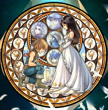 2girls 4boys adelbert_steiner aircraft airship armor artist_name bare_shoulders belt bird black_hair black_mage_(final_fantasy) blonde_hair blue_coat blue_hair blue_pants blue_ribbon blue_vest blue_wrist_cuffs boots bow breasts brown_belt castle cat_tail closed_eyes closed_mouth coat couple cropped_vest detached_sleeves dress eiko_carol falling_feathers feathers final_fantasy final_fantasy_ix frilled_shirt_collar frills full_body garnet_til_alexandros_xvii gloves gold_trim green_eyes grey_boots grey_gloves grey_hair hair_bow hair_ornament hair_ribbon hairclip hand_on_own_knee hat headpiece helm helmet hetero highres hollypolllyy horns jacket jewelry kuja light_smile long_dress long_hair low-tied_long_hair low_ponytail medium_breasts multiple_boys multiple_girls neck_ribbon necklace nomura_tetsuya_(style) official_alternate_costume on_one_knee overalls own_hands_together pants parted_bangs pauldrons ponytail popped_collar portrait purple_jacket ribbon shirt shoulder_armor single_horn sleeveless sleeveless_shirt steel-toe_boots strapless strapless_dress tail vest vivi_ornitier white_dress white_feathers white_shirt white_sleeves wizard_hat wrist_cuffs yellow_bow yellow_eyes yellow_overalls zidane_tribal