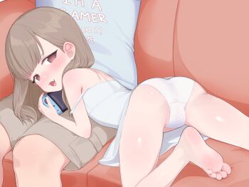 1boy 1girl absurdres ass barefoot brown_hair child_gf_(orenji) commentary commission couch english_commentary feet goki_buri highres loli nintendo_switch original panties pixiv_commission soles toes underwear white_panties