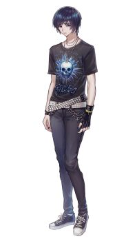 1boy absurdres belt black_eyes black_gloves black_hair black_nails black_pants black_shirt black_shoes closed_mouth clothes_writing commentary_request fingerless_gloves fingernails full_body gloves grey_belt highres jewelry looking_at_viewer male_focus nail_polish necklace okubatomaeba original pants print_shirt razor_blade razor_blade_necklace shirt shoes short_hair short_sleeves simple_background single_glove skull_print solo studded_belt swept_bangs white_background