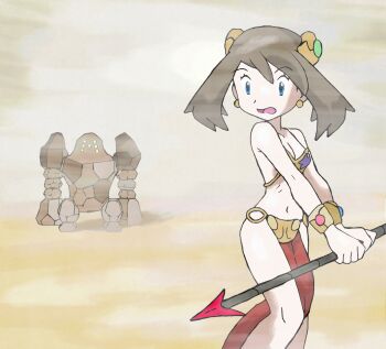 1girl absurdres amayzing2002 bikini blue_eyes breasts brown_hair cleavage desert dress gen_3_pokemon gold_bikini highres holding holding_polearm holding_weapon legendary_pokemon may_(pokemon) nintendo open_mouth pokemon pokemon_(creature) pokemon_rse polearm red_dress regirock sandstorm short_hair simple_background swimsuit weapon