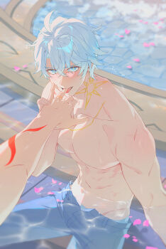 2boys antenna_hair arm_tattoo blue_eyes blush commentary denim english_commentary finger_in_another&#039;s_mouth highres honkai:_star_rail honkai_(series) jeans male_focus multiple_boys mydei_(honkai:_star_rail) neck_tattoo pants parted_bangs partially_submerged petals petals_on_liquid phainon_(honkai:_star_rail) prdam red_tattoo short_hair sun_symbol sun_tattoo tan tattoo white_hair yaoi