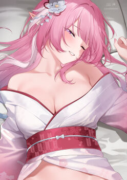 1girl alternate_costume breasts cleavage collarbone commentary_request cyrene_(demiurge)_(honkai:_star_rail) cyrene_(honkai:_star_rail) fingernails flower hair_flower hair_ornament half-closed_eyes hand_up highres honkai:_star_rail honkai_(series) japanese_clothes kimono long_hair looking_at_viewer lying medium_breasts multicolored_hair obi off_shoulder on_back one_eye_closed parted_lips partial_commentary pink_hair pointy_ears purple_eyes sash shrimp_cake smile solo streaked_hair twitter_username upper_body white_flower white_kimono