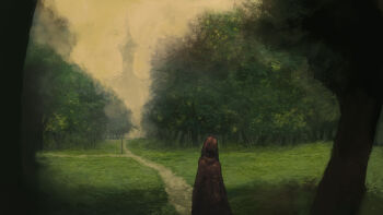 1other cloak forest from_behind grass highres hood hooded_cloak nature original outdoors path road scenery shikisuke solo tree