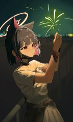 Rule 34 | 1girl, absurdres, animal ears, black choker, black jacket, black wristband, blue archive, blunt bangs, blurry, bob cut, bracelet, cat ears, cat girl, choker, clothes around waist, colored inner hair, commentary, depth of field, earrings, extra ears, fence, fireworks, greyscale, halo, highres, holding fireworks, jacket, jacket around waist, jewelry, kazusa (band) (blue archive), kazusa (blue archive), leaning on object, looking afar, looking up, mask, mask around neck, monochrome, mouth mask, multicolored hair, night, night sky, official alternate costume, parted lips, pleated skirt, print shirt, red eyes, renn 01, senkou hanabi, shirt, short hair, short sleeves, sidelocks, skirt, sky, solo, sparkler, surgical mask, symbol-only commentary, t-shirt, two-tone hair, white shirt, white skirt