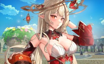 2girls alice_(genshin_impact) bare_shoulders blonde_hair blush breasts cleavage closed_mouth commentary detached_sleeves english_commentary genshin_impact hand_on_another's_head hand_up highres klee_(genshin_impact) long_hair long_sleeves looking_at_viewer medium_breasts multiple_girls out_of_frame pointy_ears pyro_symbol_(genshin_impact) red_eyes red_sleeves silverpixia solo_focus star_(symbol) star_in_eye strapless symbol_in_eye very_long_hair vision_(genshin_impact)