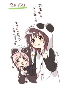 2girls :d animal_costume animal_hood blush_stickers brown_eyes brown_hair buttons cat_costume cat_hood controller cropped_torso funami_yui game_controller green_eyes hand_up hashtag-only_commentary highres holding holding_controller holding_game_controller hood hood_up long_sleeves multiple_girls namori open_mouth panda_costume pink_hair short_hair simple_background smile sparkle sweatdrop translation_request white_background yoshikawa_chinatsu yuruyuri