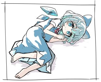 Rule 34 | 1girl, barefoot, blue bow, blue eyes, blue hair, blue skirt, blue vest, blush, bow, cirno, closed mouth, commentary request, detached wings, fairy, full body, hair bow, ice, ice wings, kibisake, looking at viewer, shirt, short hair, short sleeves, sketch, skirt, smile, solo, touhou, vest, white shirt, wings