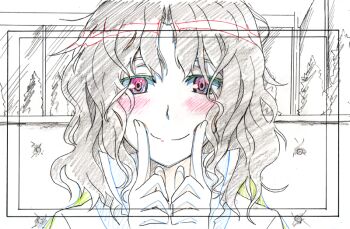 1girl amagami blush cell color_trace colored_eyelashes darker_than_black eyelashes female_focus fingersmile messy_hair parody partially_colored portrait production_art sketch smile solo tanamachi_kaoru yataneko_(echigo)