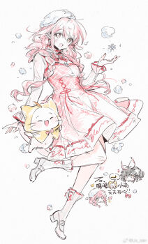 2girls ^_^ ahoge animal ankle_socks argyle_clothes argyle_dress artist_self-insert beret black_hair bloom_poetry_(shining_nikki) bow bowtie braid brown_eyes cat chinese_commentary cloak closed_eyes clothed_animal clothes_writing collared_shirt commentary_request cross-laced_clothes cross-laced_dress cross-laced_legwear dress dress_ribbon ear_covers frilled_shirt_collar frilled_sleeves frills fur_hat green_eyes hair_between_eyes hair_bow hand_up happy hat high_collar high_heels highres hood hood_up hooded_cloak leg_up light_blush lis_tain long_hair long_sleeves looking_at_viewer low_twin_braids momo_(nikki) multiple_girls multiple_views nikki_(nikki) nikki_(series) open_mouth pinafore_dress pink_dress pink_hair pleated_dress pumps red_bow red_bowtie red_ribbon ribbon shining_nikki shirt shoes short_dress simple_background sleeveless sleeveless_dress sleeves_past_wrists smile snowflake_necklace socks stylist_(nikki) tareme twin_braids very_long_hair watermark weibo_watermark whiskers white_background white_bow white_cat white_hat white_shirt white_shoes white_socks yellow_cloak