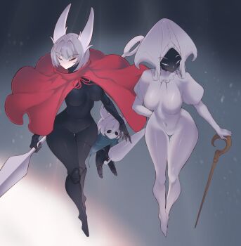 1boy 2girls arthropod_girl black_bodystocking black_skin bluepudding breasts cloak closed_eyes colored_skin covered_navel curvy hat highres holding holding_weapon hollow_knight hollow_knight:_silksong hornet_(hollow_knight) knight_(hollow_knight) lace_(hollow_knight) medium_breasts multiple_girls narrow_waist needle_(hollow_knight) pin_(hollow_knight) red_cloak weapon white_bodystocking white_hat wide_hips