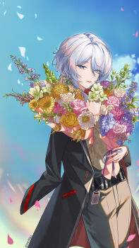 1girl absurdres alternate_costume belt black_jacket blue_eyes blue_flower blue_sky bouquet character_name commentary english_commentary falling_petals faust_(project_moon) flower grey_pants happy_birthday highres holding holding_bouquet jacket jacket_on_shoulders limbus_company looking_at_viewer outdoors pants parted_lips petals pink_lips pink_petals project_moon sky smile solo standing symbol-only_commentary white_flower white_hair yellow_flower zerobig