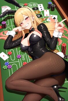 1girl absurdres animal_ear_hairband animal_ears ass balatro barbell_piercing black_bow black_bowtie black_leotard blonde_hair bow bowtie breasts card casino_card_table cleavage detached_collar ear_piercing earrings fake_animal_ears fake_tail gradient_hair hairband high_heels highres huge_filesize industrial_piercing jack_(playing_card) jewelry jimbo_(balatro) king_(playing_card) kitagawa_marin leotard looking_at_viewer lying mesh multicolored_hair paid_reward_available pantyhose piercing pink_hair playboy_bunny playing_card pointing poker_chip queen_(playing_card) rabbit_ears rabbit_tail red_eyes smile sono_bisque_doll_wa_koi_wo_suru table tail two-tone_hair white_wrist_cuffs wrist_cuffs yisusjpl