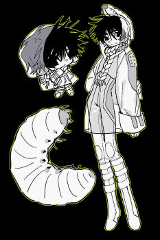 1boy black_background black_eyes black_hair bodysuit bug coat full_body highres hood hood_up larva looking_at_viewer male_focus original outline see-through_clothes see-through_coat short_hair simple_background standing yellow_outline ze0reo