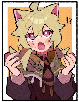 !? 1girl ahoge animal_ears black_dress border capelet cat_ears collei_(genshin_impact) dress genshin_impact green_capelet jewelry long_sleeves necklace nploser open_mouth pink_eyes puffy_long_sleeves puffy_sleeves sidelocks simple_background solo surprised white_border yellow_background