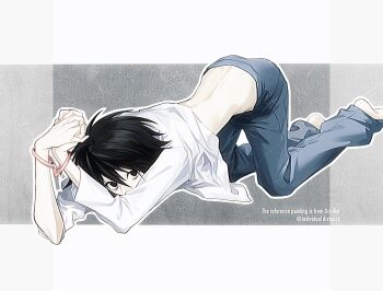 1boy barefoot black_eyes black_hair blue_pants border cuffs death_note derivative_work grey_background hair_between_eyes handcuffs hashtag-only_commentary highres kneeling l_(death_note) male_focus midriff no_eyebrows pants shirt short_hair snwi339617 solo white_border white_shirt