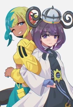2girls aqua_hair back-to-back bandeau belt black_dress black_hair black_mask blonde_hair blue_eyes blue_gloves blunt_bangs blush bob_cut breasts canari_(pokemon) closed_mouth coat commentary_request dark-skinned_female dark_skin dress gloves gradient_hair gwynn_(pokemon) hat jacket locked_arms long_sleeves looking_at_viewer mask mask_pull mega_stone mizuiro123 mouth_mask multicolored_hair multiple_girls nintendo o-ring o-ring_belt one_eye_closed open_clothes open_coat open_mouth pants partially_fingerless_gloves pokemon pokemon_legends:_z-a purple_eyes purple_hair short_hair short_twintails simple_background smile split-color_hair teeth twintails two-tone_hair two-tone_mask white_coat yellow_bandeau yellow_jacket yellow_mask
