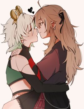 2girls absurdres black_nails black_skirt brown_hair cecilia_immergreen closed_eyes closed_mouth commentary crop_top doll_joints green_streaks hand_on_another&#039;s_shoulder heart highres hololive hololive_english imminent_kiss joints layered_sleeves long_hair long_sleeves multiple_girls nanashi_mumei nanashi_mumei_(emo) one_side_up owlpiyo parted_lips short_over_long_sleeves short_sleeves simple_background sitting sitting_on_lap sitting_on_person skirt smile symbol-only_commentary virtual_youtuber white_background white_hair winding_key yuri