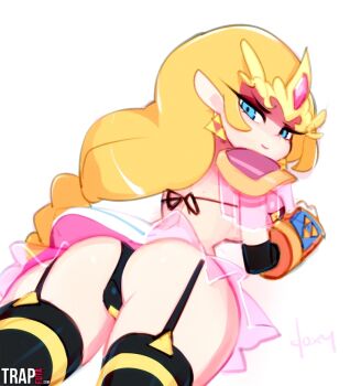 1girl alternate_costume armor ass bikini black_bikini black_panties black_thighhighs blue_eyes breasts doxy earrings elbow_gloves female_focus forehead_jewel from_behind from_below garter_belt garter_straps gloves hyrule_warriors jewelry long_hair looking_back lying micro_bikini miniskirt nintendo on_stomach panties pauldrons princess_zelda princess_zelda_(gashi-gashi) see-through_clothes shoulder_armor skindentation skirt solo swimsuit the_legend_of_zelda thighhighs tiara triforce underboob underwear vambraces