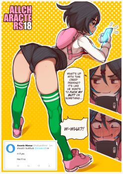 1girl ass bag bent_over black_hair blush cellphone comic cosmetics english_text female_focus fisticuffs_club from_behind full_body green_thighhighs hair_ornament hairclip half-closed_eyes kunio-kun_series misako_(kunio-kun) open_mouth phone profanity red_eyes river_city_girls school_uniform shoes short_hair shorts skindentation smartphone solo solo_focus speech_bubble text_focus thighhighs thighs watermark x_hair_ornament