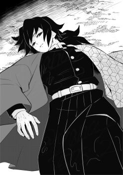 1boy belt belt_buckle buckle buttons empty_eyes greyscale half-closed_eyes haori high_collar highres jacket japanese_clothes kikkoumon kimetsu_no_yaiba looking_at_viewer male_focus monochrome pants parted_lips print_haori solo spiked_hair teeth tomioka_giyuu yanae1573_2