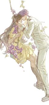 Rule 34 | 1boy, 1girl, breasts, brown hair, chaoxibumian, cleavage, commentary request, dress, flower, full body, hair flower, hair ornament, hand on another's cheek, hand on another's face, highres, imminent kiss, jacket, loafers, long hair, love and deepspace, medium breasts, pants, protagonist (love and deepspace), puffy short sleeves, puffy sleeves, purple flower, purple hair, rafayel (love and deepspace), shoes, short hair, short sleeves, sneakers, socks, suit jacket, swing, white background, white jacket, white pants, white shoes, yellow dress