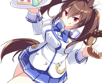 Rule 34 | 1girl, absurdres, animal ears, blue bow, blue skirt, blush, bow, breasts, brown hair, cake, closed mouth, commentary request, donut, food, hair between eyes, highres, hishi akebono (umamusume), holding, holding donut, holding food, holding tray, horse ears, horse girl, horse tail, jacket, kanzakietc, long hair, looking at viewer, prototype design, red eyes, shirt, simple background, skirt, smile, tail, tongue, tongue out, tray, twintails, umamusume, white background, white jacket, white shirt
