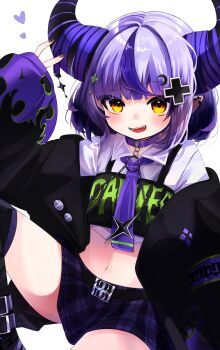Rule 34 | 1girl, black jacket, black nails, black shirt, clothes writing, collar, commentary request, crescent, crescent hair ornament, crop top, cropped shirt, cross hair ornament, demon horns, fang, fingernails, hair ornament, hand up, haro (1026 86), highres, hololive, horns, jacket, la+ darknesss, la+ darknesss (casual), looking at viewer, medium hair, midriff, miniskirt, multicolored hair, nail polish, navel, neckerchief, off shoulder, official alternate hair length, official alternate hairstyle, open clothes, open jacket, open mouth, plaid clothes, plaid skirt, print shirt, purple collar, purple hair, purple neckerchief, purple skirt, shirt, simple background, skirt, sleeves past wrists, smile, solo, streaked hair, white background, white shirt, yellow eyes