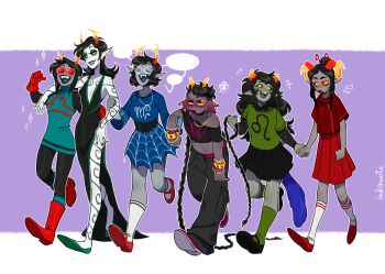 Rule 34 | 6+girls, absurdly long hair, absurdres, aqua shirt, aranea serket, aries (symbol), arm tattoo, artist name, black dress, black hair, black leggings, black nails, black pants, black skirt, blue dress, blue lips, blue nails, blue tail, boots, braid, breasts, cancer (symbol), cargo pants, closed eyes, colored sclera, colored skin, commentary, damara megido, dress, earrings, english commentary, eyebrow piercing, eyeshadow, face piercing, fake tail, fangs, fins, full body, glasses, gloves, green eyeshadow, green lips, green shirt, green shoes, green trim, hair bun, hair ornament, head fins, highres, holding hands, homestuck, horns, indigonite, jewelry, latula pyrope, layered sleeves, leg tattoo, leggings, leo (symbol), libra (symbol), lip piercing, long hair, long sleeves, makeup, meenah peixes, meulin leijon, multiple girls, navel, open mouth, orange horns, pants, piercing, pink-framed eyewear, pink lips, pink nails, pink shoes, pisces (symbol), pointy ears, porrim maryam, purple background, rectangular eyewear, red-tinted eyewear, red boots, red gloves, red lips, red nails, red shirt, red shoes, red skirt, scorpio (symbol), sheep horns, shirt, shoes, short hair, short over long sleeves, short sleeves, side slit, silk, simple background, single hair bun, skirt, small breasts, socks, sparkle, speech bubble, spider web, spider web print, standing, striped clothes, striped socks, sunglasses, tail, tattoo, tinted eyewear, troll (homestuck), twin braids, very long hair, walking, wavy hair, white-framed eyewear, yellow sclera