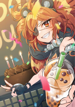 1girl absurdres ahoge animal_ears bare_shoulders bear_ears black_gloves breasts crop_top eyepatch fake_animal_ears fingerless_gloves gloves hair_between_eyes hair_ornament happy_birthday highres holding koleda_belobog long_hair looking_at_viewer midriff navel noxxia39 pants red_eyes red_hair smile solo sphere_hair_ornament twintails v zenless_zone_zero