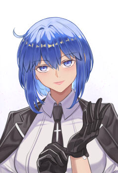 1girl absurdres black_gloves black_jacket blue_eyes blue_hair breasts c.i.e.l_(fate) chinese_commentary ciel-sensei_(fate) ciel_(tsukihime) commentary fate/grand_order fate_(series) gloves highres jacket jacket_on_shoulders kaworu13 large_breasts medium_hair no_eyewear pink_lips shirt simple_background solo tsukihime tsukihime_(remake) upper_body white_background white_shirt