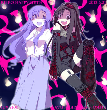 2girls :d aged_up arm_at_side arm_belt b_(kana0816) bare_shoulders belt belt_buckle black_garter_straps black_hair black_shirt black_shorts black_sleeves black_thighhighs blue_background blush bolo_tie breasts brooch brown_eyes buckle character_name collared_shirt commentary_request cross cross-laced_clothes cross-laced_legwear cross-laced_sleeves cross_earrings curtained_hair dated detached_sleeves earrings feet_out_of_frame fingernails floating floating_hair frilled_thighhighs frills garter_straps ghost grandmother_and_granddaughter hair_ornament happy_birthday high_ponytail hinaga_airi hinaga_rieko jewelry kami_nomi_zo_shiru_sekai knee_up long_hair long_sleeves looking_at_another looking_to_the_side medium_breasts multiple_girls nail_polish open_mouth outline parted_bangs pink_background pink_nails ponytail print_shirt purple_eyes purple_hair purple_skirt raised_eyebrows red_belt shaded_face sharp_teeth shirt shirt_tucked_in shorts side-by-side sidelocks skirt skull_hair_ornament sleeveless sleeveless_shirt sleeves_past_wrists sleeves_rolled_up smile spider_web_print strap teeth text_background thighhighs three-quarter_sleeves turning_head two-tone_background upper_teeth_only very_long_hair white_belt white_outline white_shirt will-o'-the-wisp_(mythology)