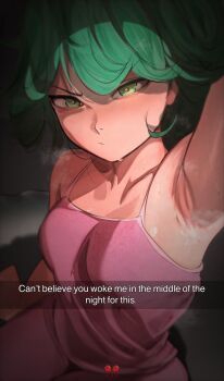 Rule 34 | 1girl, absurdres, alternate costume, arm up, armpit focus, armpits, artist name, breasts, collarbone, commentary, cowboy shot, curly hair, english commentary, english text, esmile, fake screenshot, flipped hair, green eyes, green hair, grey background, highres, looking at viewer, one-punch man, pajamas, pink pajamas, selfie, shadow, sitting, sleeveless, small breasts, solo, sweat, sweatdrop, tatsumaki