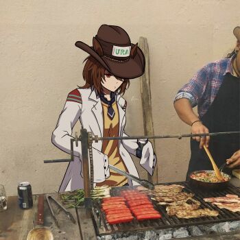 1boy 1girl absurdres agnes_tachyon_(tach-nology)_(umamusume) agnes_tachyon_(umamusume) animal_ears ascot bacon blue_ascot brown_hair brown_hat can closed_mouth coat cooking cowboy_hat food grill grill_la_grill_(meme) grilling hair_between_eyes hat highres holding holding_can horse_ears jutako lab_coat long_sleeves medium_hair meme puckered_lips red_eyes sausage self-upload sidelocks sleeves_past_fingers sleeves_past_wrists solo_focus spring_onion sweater umamusume white_coat yellow_sweater