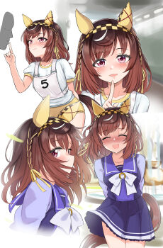 1girl 1other absurdres animal_ears blush bow bowtie braid breasts brown_hair buena_vista_(umamusume) buruma checkered_hairband closed_eyes closed_mouth collarbone commentary_request ear_covers finger_to_another&#039;s_mouth hair_between_eyes hair_ornament hairband headband highres horse_ears horse_girl horse_tail long_sleeves medium_hair open_mouth pleated_skirt purple_eyes purple_sailor_collar purple_serafuku purple_shirt purple_skirt race_bib revision sailor_collar sailor_shirt school_uniform serafuku shirt short_sleeves skirt smile tail tracen_school_uniform umamusume unname white_bow white_bowtie white_shirt yellow_buruma