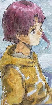 Rule 34 | 1girl, abe yoshitoshi, brown eyes, brown hair, commentary request, expressionless, highres, iwakura lain, jacket, looking to the side, painting (medium), profile, serial experiments lain, short hair, solo, traditional media, upper body, watercolor (medium)
